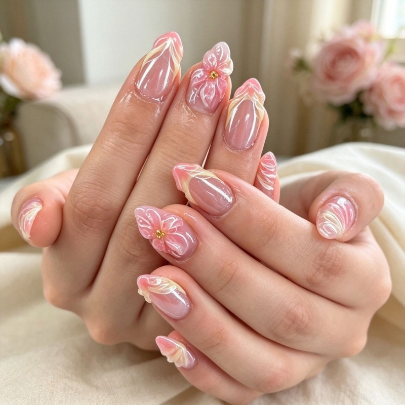 Pink Gradient Press On Nail with 3D Flower Almond Shape False Nail 30Pcs/Set