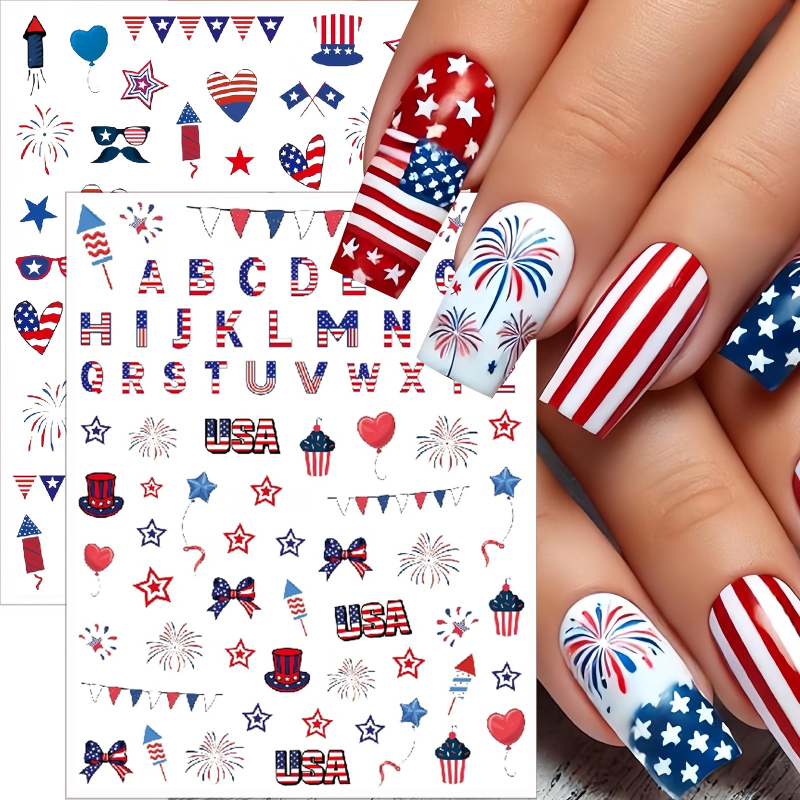 8 Sheets 4th of July Nail Stickers for Art About 3.7 x 3 inch, Colorful