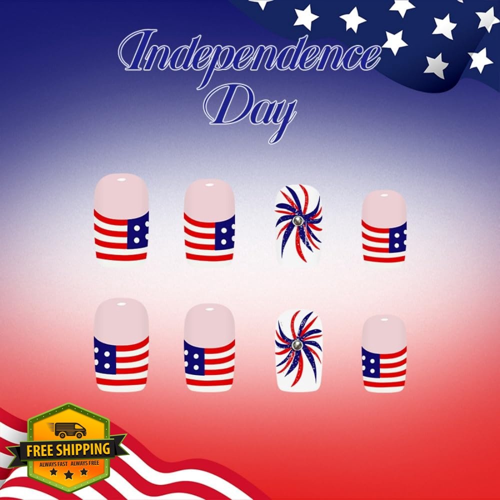 4th of July Press on Nails Medium Square Fake Nails with Fireworks Design Glo…