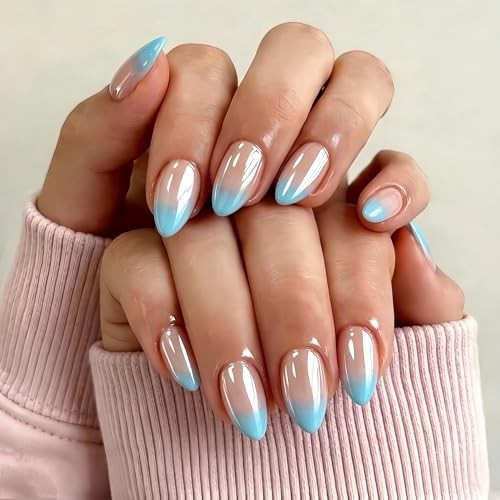 Chrome Ombre Teal Blue Press On Nails Short Almond, 30 Pcs almond ombre blue