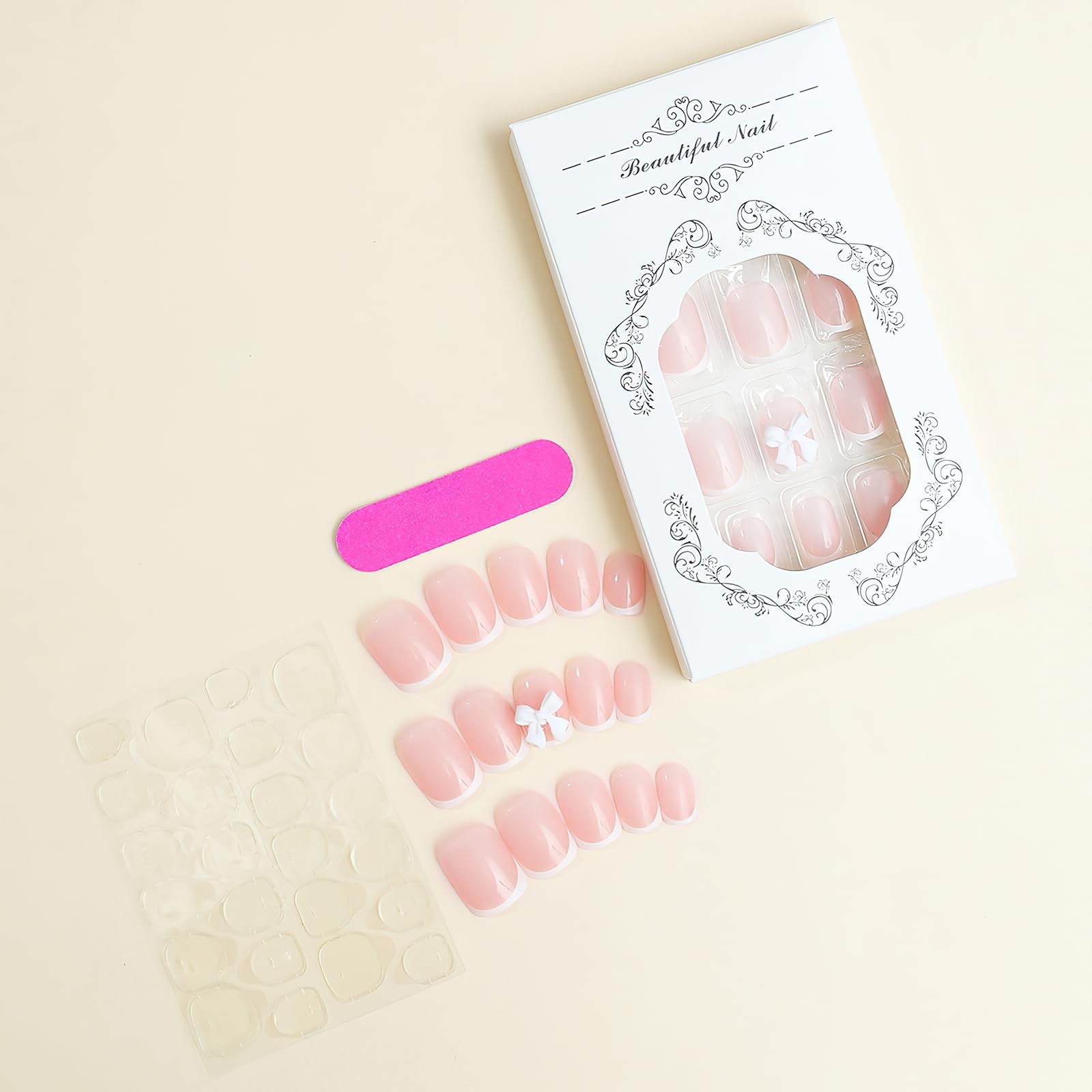 French Tip Press on Nails – Short Square Fake Nude False Nails With 3D Resin …