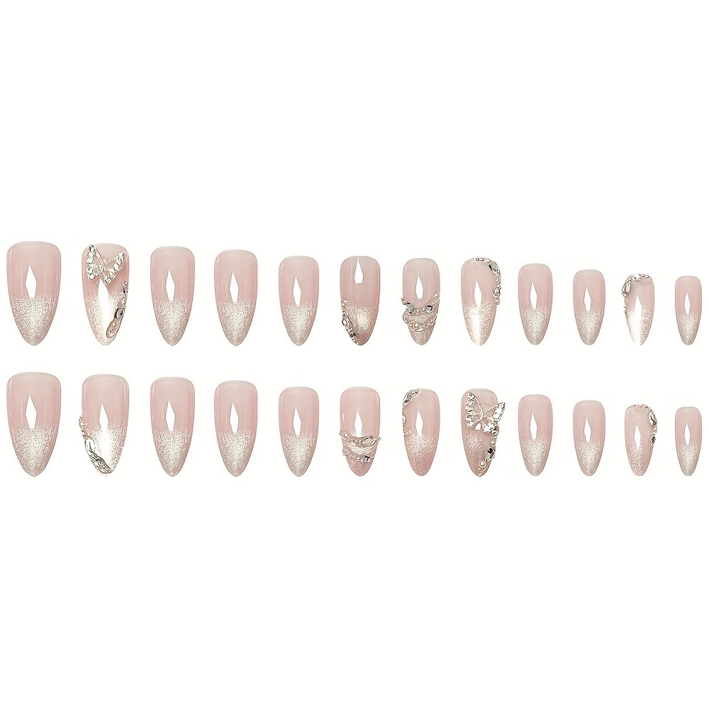 48Pcs-Stiletto Press on Nails Silver Butterfly Rhinestone Glitter Fake Nails Set
