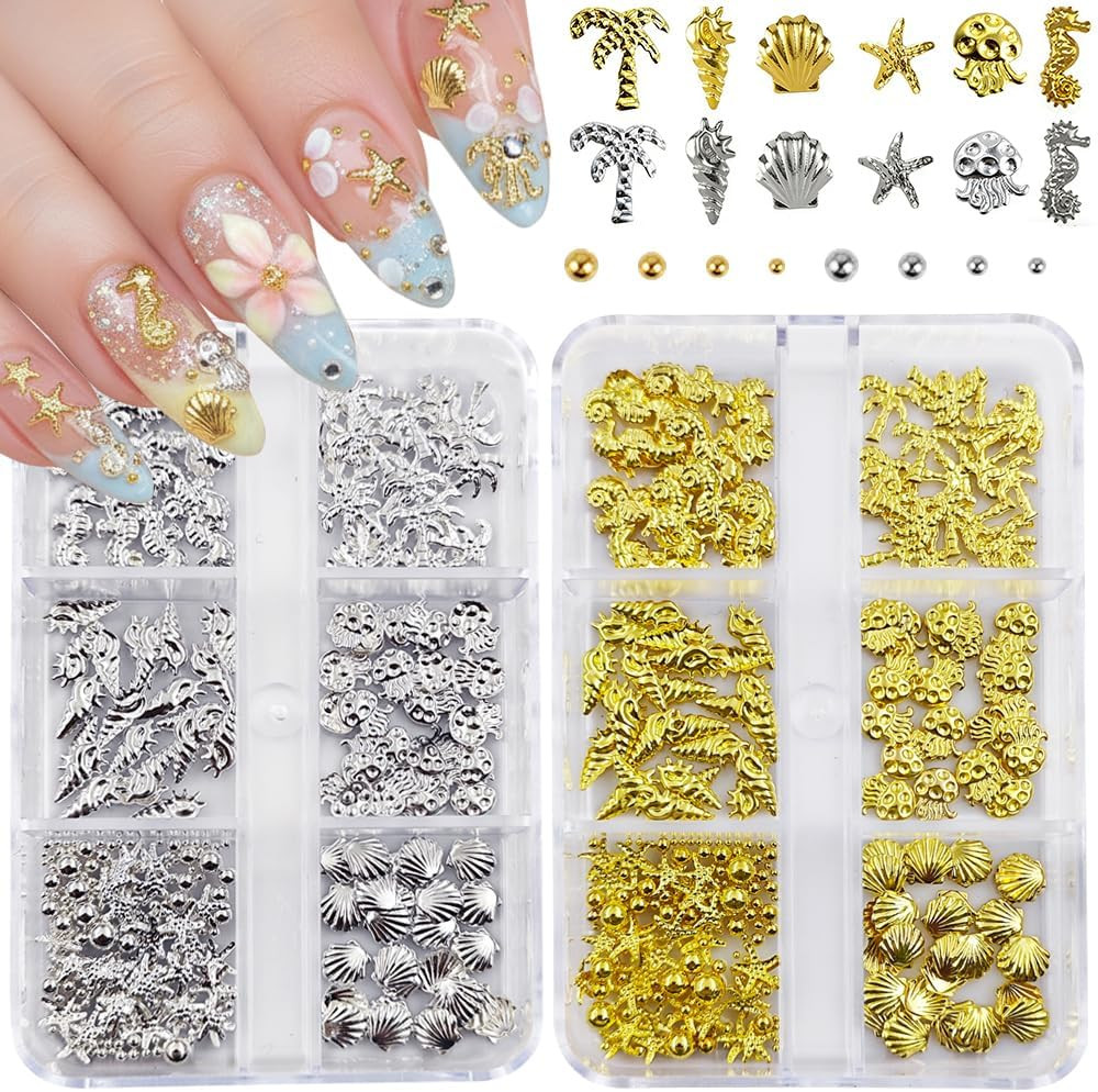 Nail Charms, 2Boxes Gold Silver Summer Ocean Nail Charms and Gems, Metal Small S