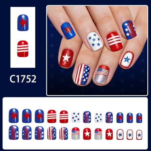 4th of July Press on Nails – Short Square Red White Blue Star & Stripe Style-11