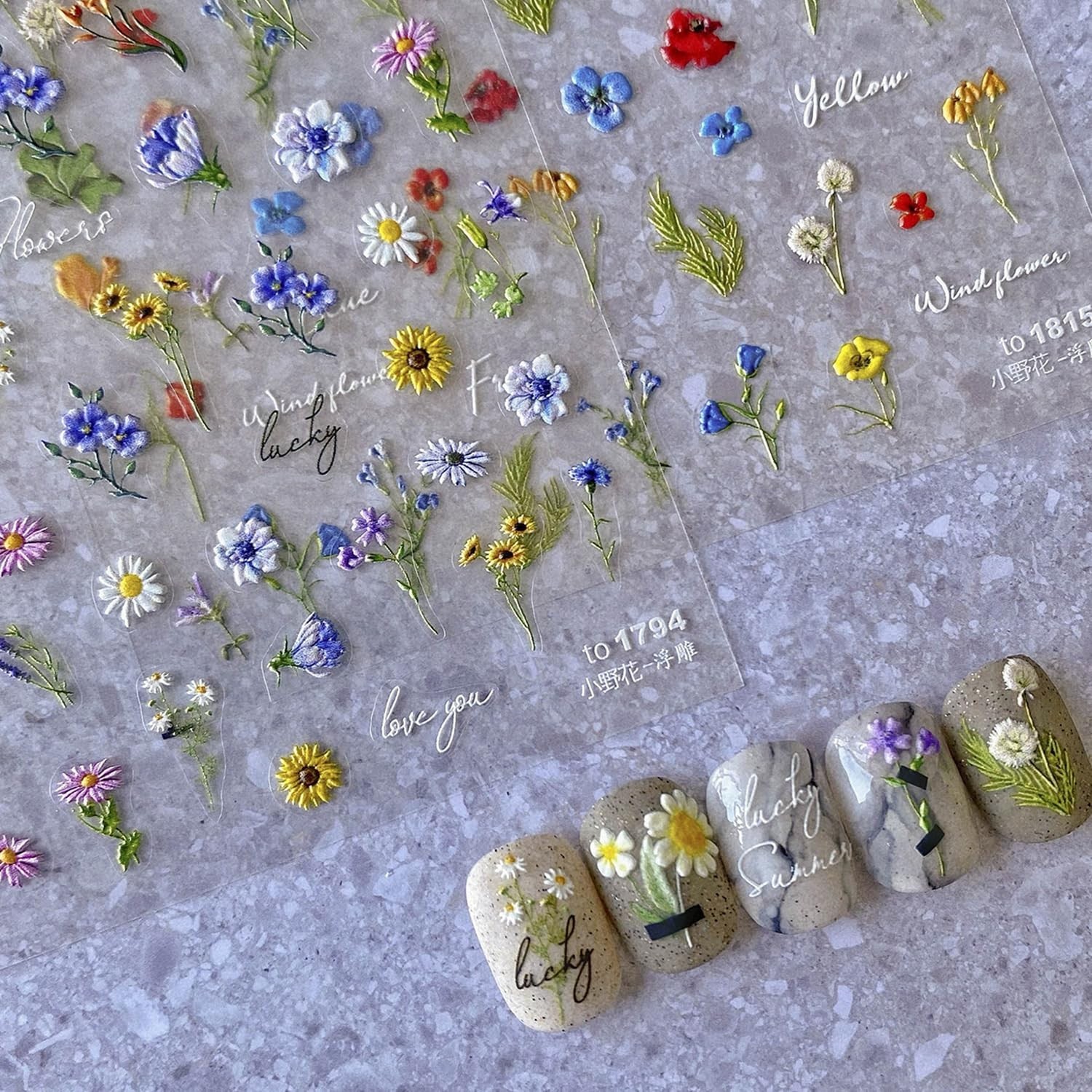 Flower Nail Art Stickers Decals 5D Flowers Nail Stickers Summer Daisy Sunflow…