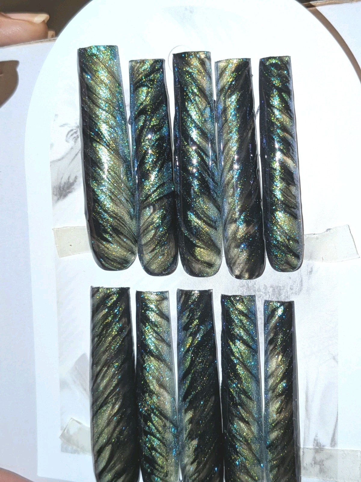Hand crafted Black/Green custom cateye 10pc 3xl acrylic press on nails sz Medium