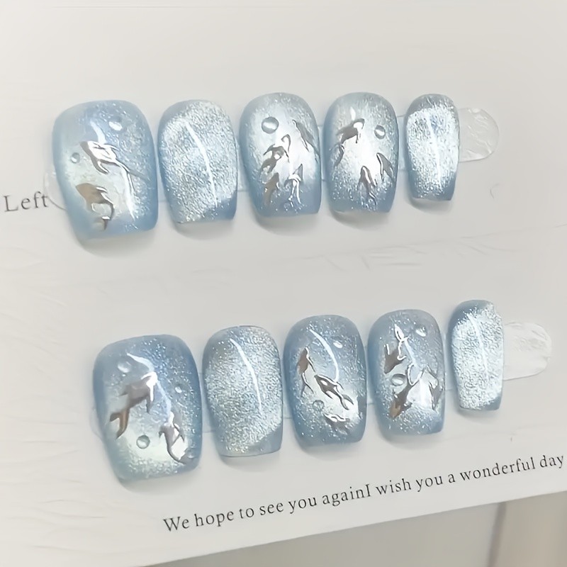 10Pcs Short Square Sapphire Cat Eye Silver Fish Scale Nails