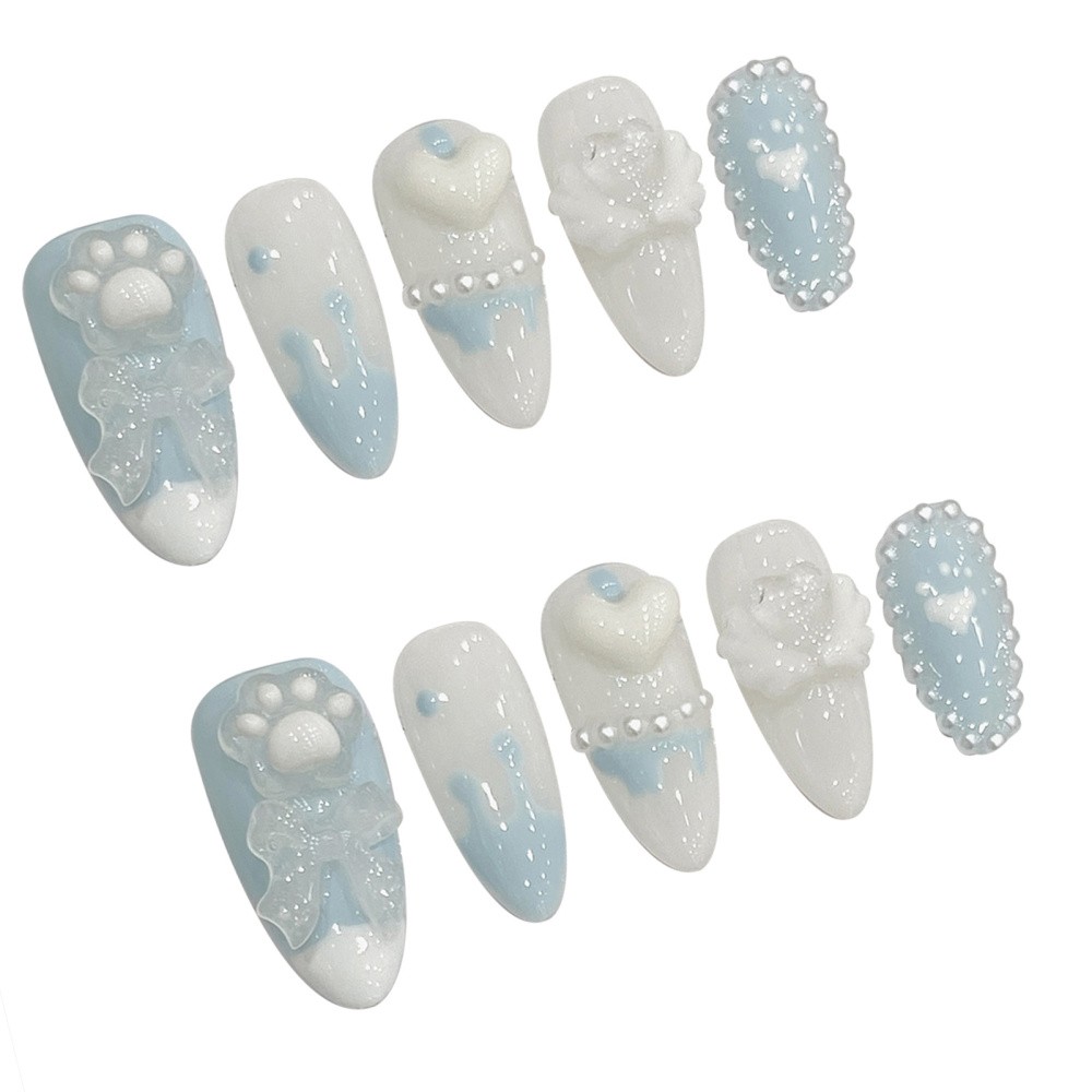 Adorable Press-On Nails Removable with 3D Cat Paw Bow and Heart Nail Art Design