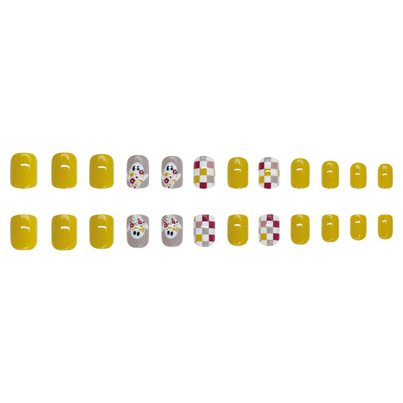 48 Pcs Checker Ghost Oval Press on Nails, Lovely Halloween Daily Fake Nails