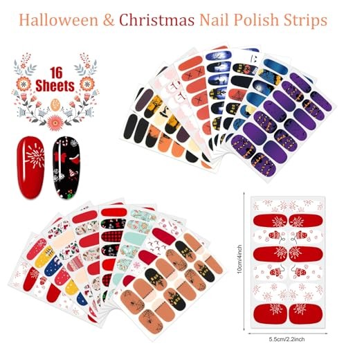 224 Pieces 16 Sheets Holiday Nail Full Wraps Set Holiday Nail Polish Strips-03