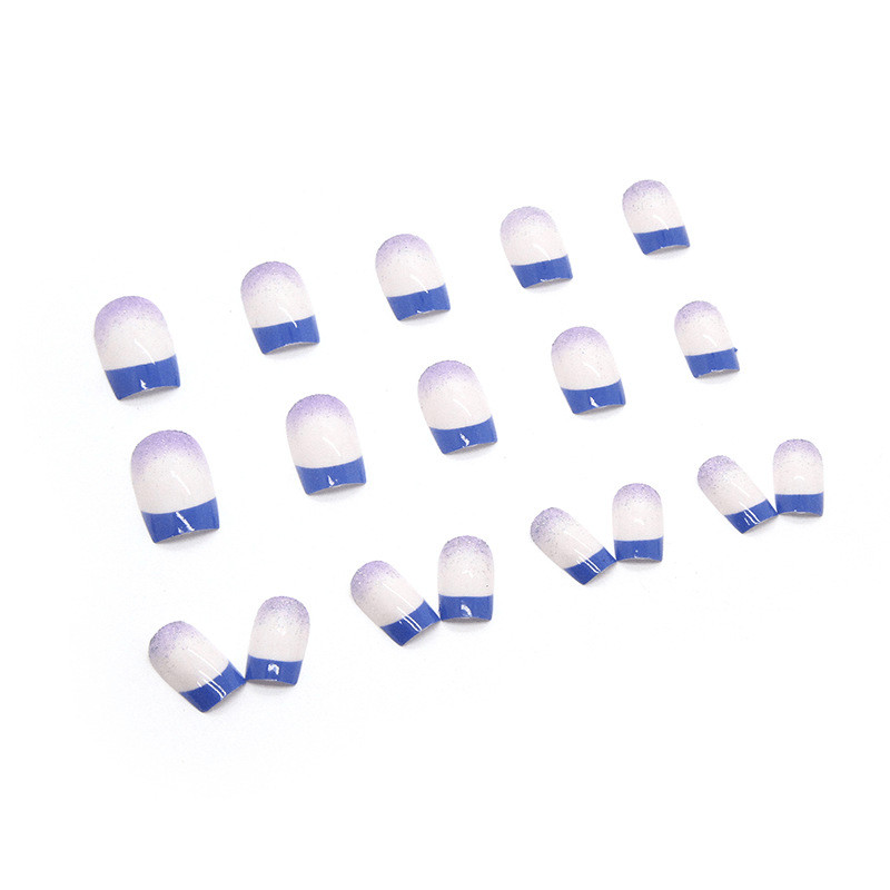 48P Short Square Press on Nails, Royal Blue French Holographic Fake Nails