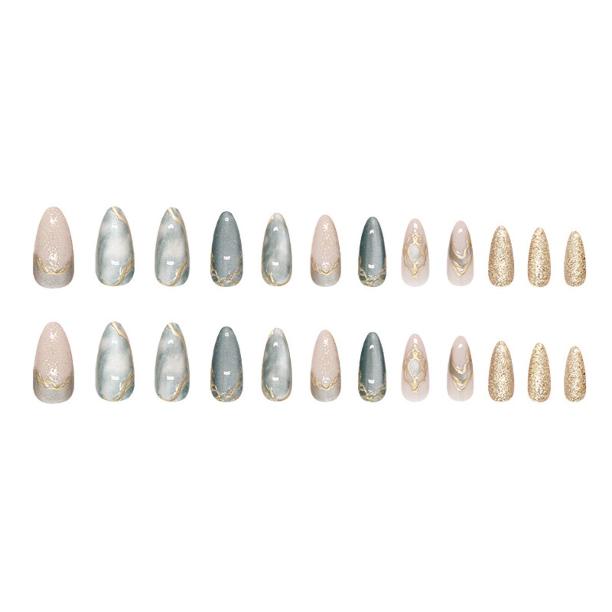 48Pcs-Long Almond Teal Ink Marble Metallic Gold Frame Rhinestone Press on Nails