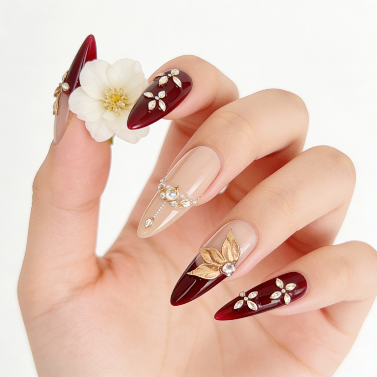 Vintage Gold Maple Leaf Red Press-On Nails with Pearls & Rhinestones Long Almond