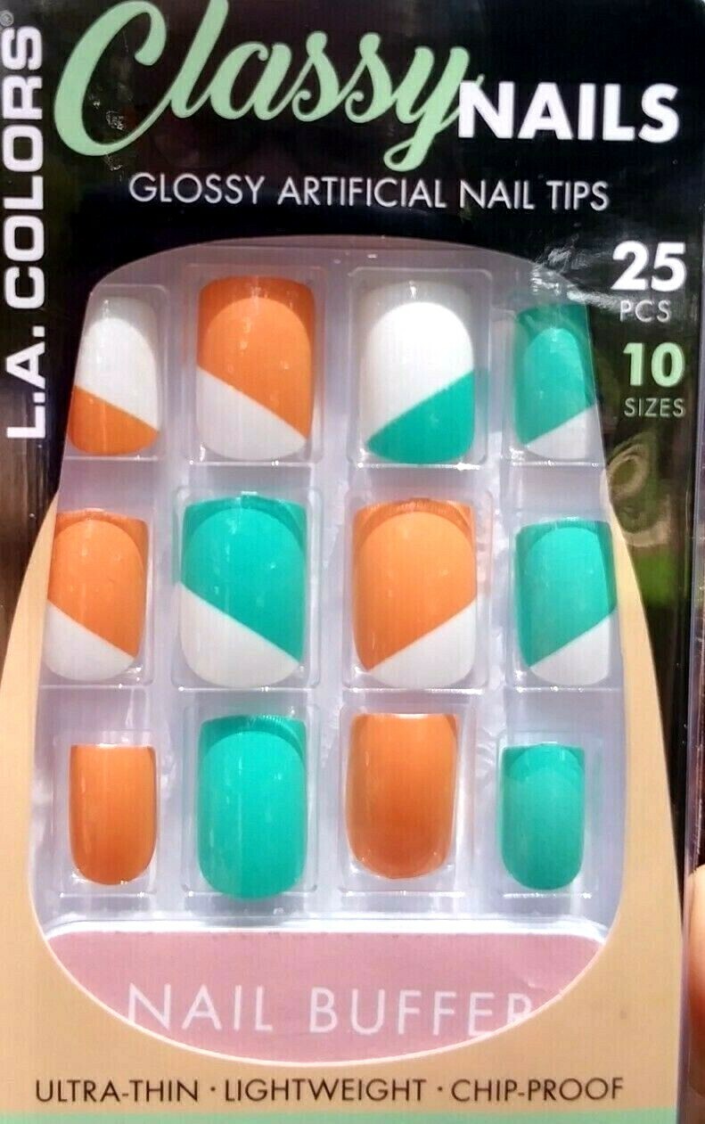 LA Colors 24 Glue On Nails Short Square Retro Orange Vintage Green Artic White