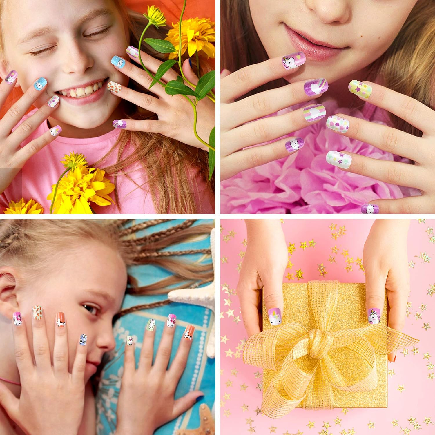 Press on Nails Kids Girls Fake Nails Pre Glued Stick On Cute Nail Art Full Cover