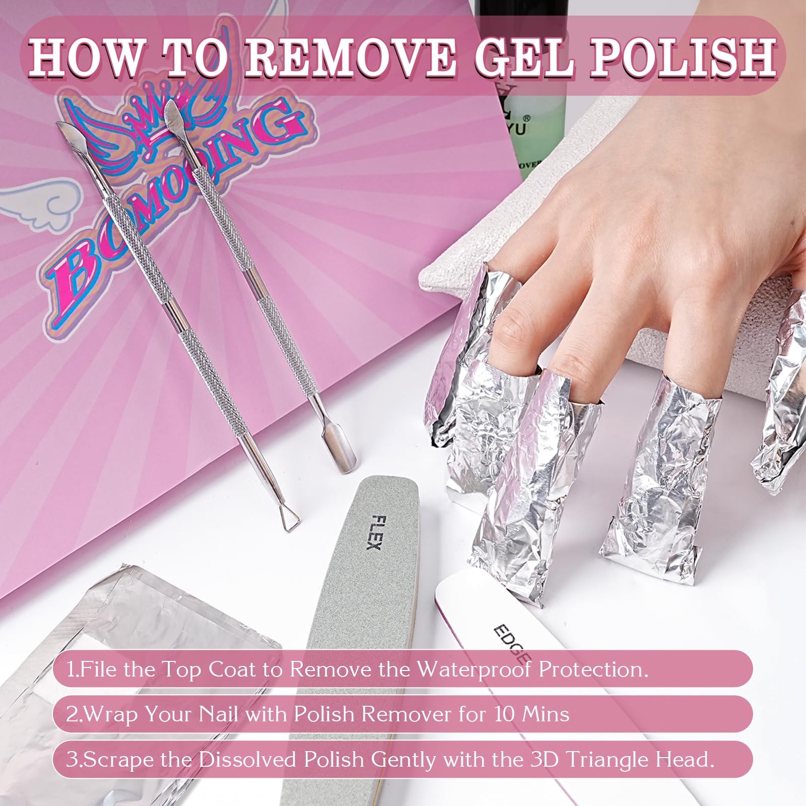 BOMOQING 200PCS Foil Nail Wraps for Acrylic Dip Powder Removal, Gel Silver