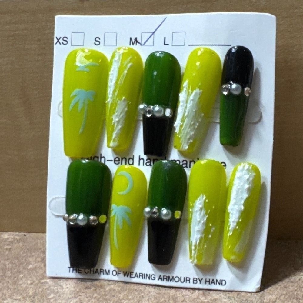 Tropical Palm Tree Press On Nails Lime Green Yellow Pearl Size M Long