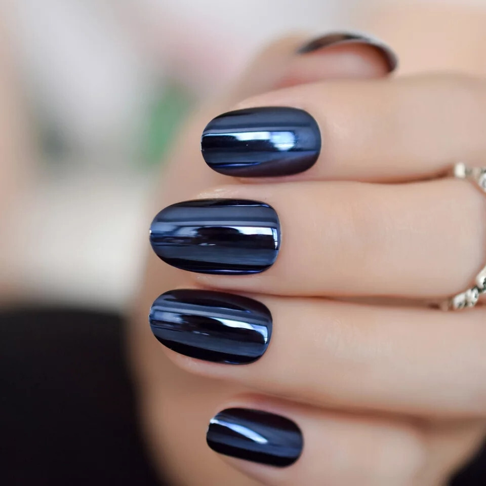 24 Short Press on nails kit w/ glue dark blue chrome mirror round oval almond