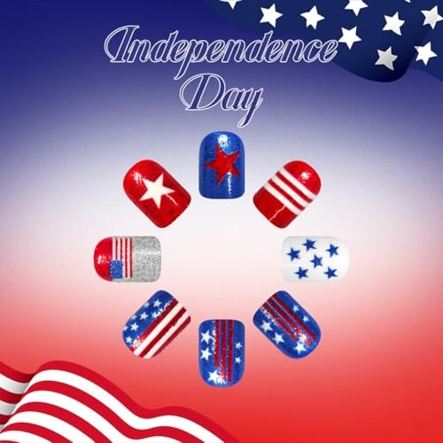 4th of July Press on Nails – Short Square Red White Blue Star & Stripe Style-11