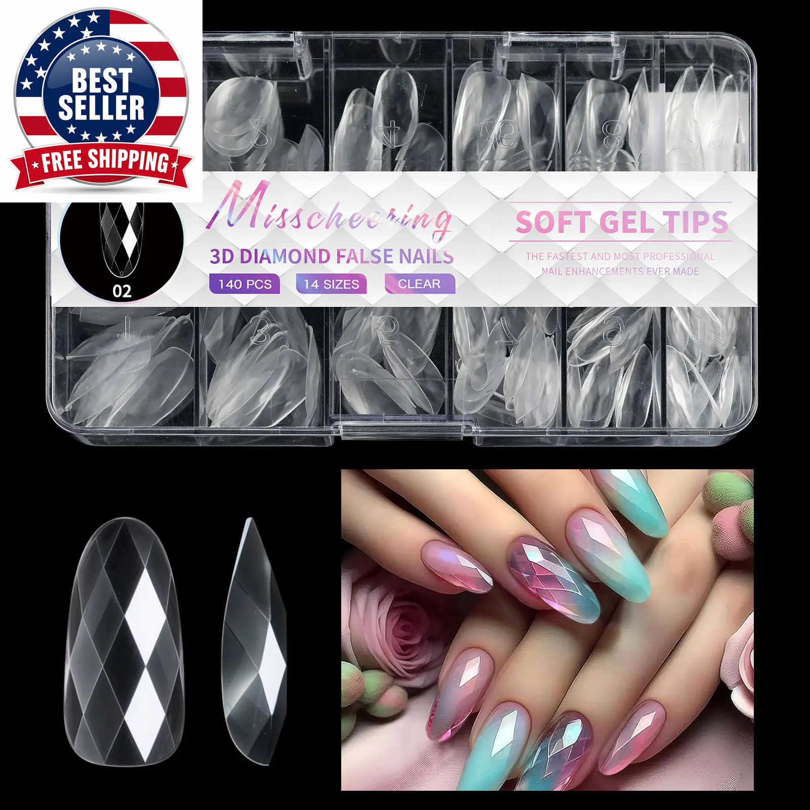 Diamond Shaped 3D Almond Nails Transparent Non-Marking Frosted Square Oval Weara