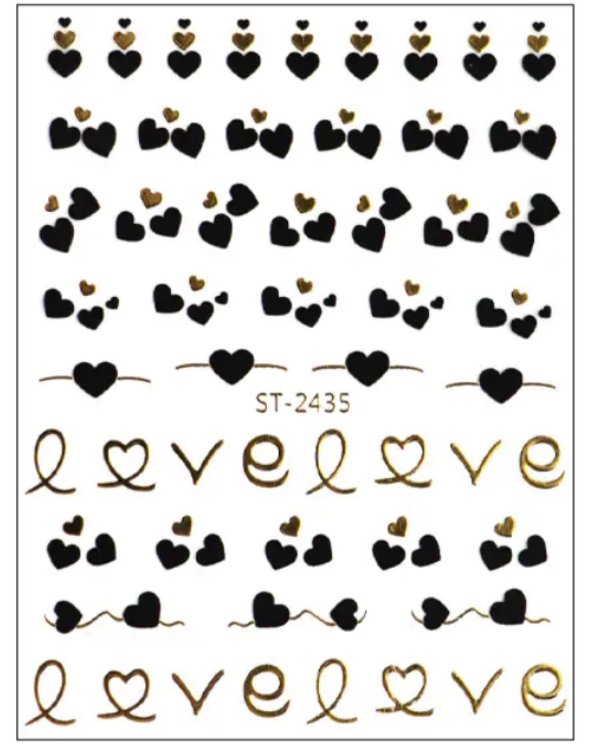 Nail Art Stickers VALENTINES BLACK AND GOLD HEARTS AND LOVE LETTERS ST-2435