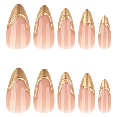 Medium Press on Nails Almond – Gold Fake Nails with 3D Design – Gold French