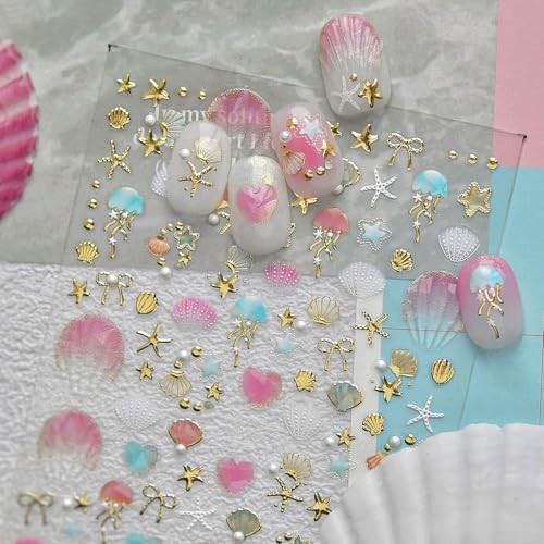 1 Sheets Summer Nail Decals for Nail Art 5D Gold Seashell Ocean Stickers-2