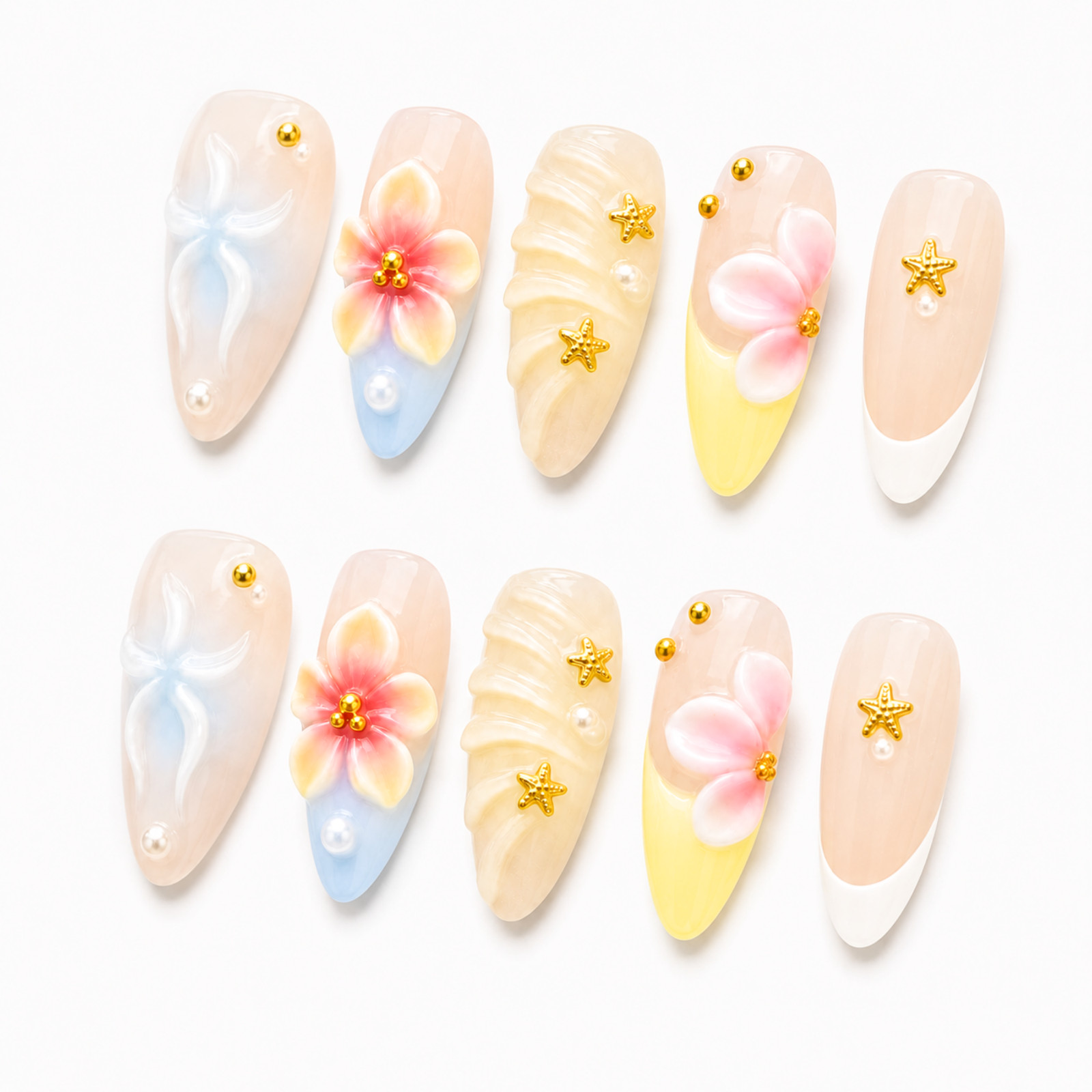 Handmade 3D Floral Press On Nails Pastel Beach Starfish Pearl Accent Set