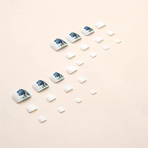 Press on Toenails with Butterfly Designs, Square Full Cover Butterfly and White