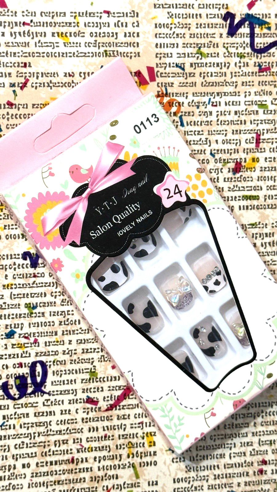 YTJ Salon Quality Lovely Press On Nails HEART & COW PRINT FRENCH TIP with BOWS