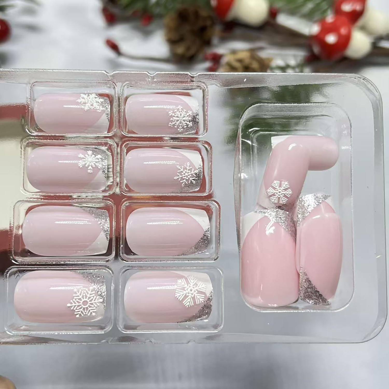 Christmas Press on Nails Medium Square Fake Nail with White Snowflake Designs…