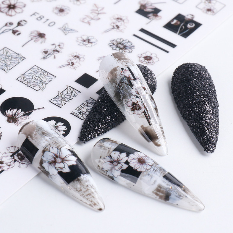 Nail Art Decoration Black White Flower Nail Decals Self Adhesive stickers NS3
