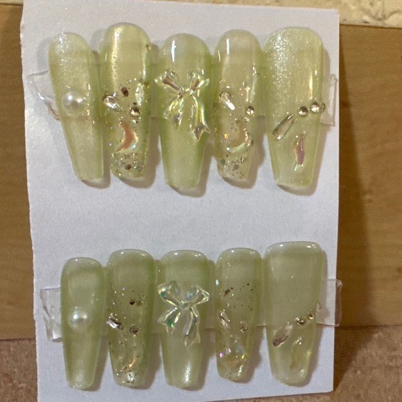 Light Green Press On Nails 3D Bow Pearl Moon Glitter Long Coffin False Nails