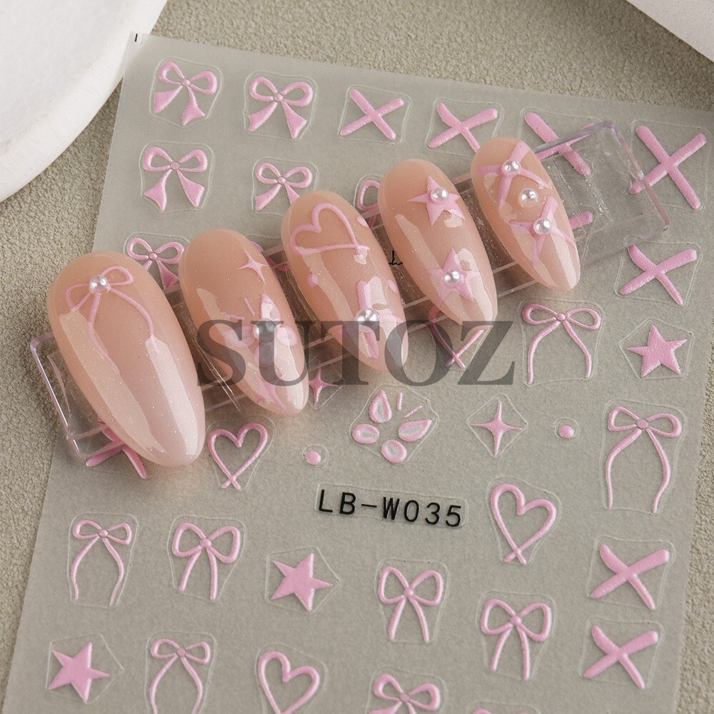 2Sheets Nail Art Stickers Pink White Bow Tie Heart Star French Tip LBW35/36 NH28