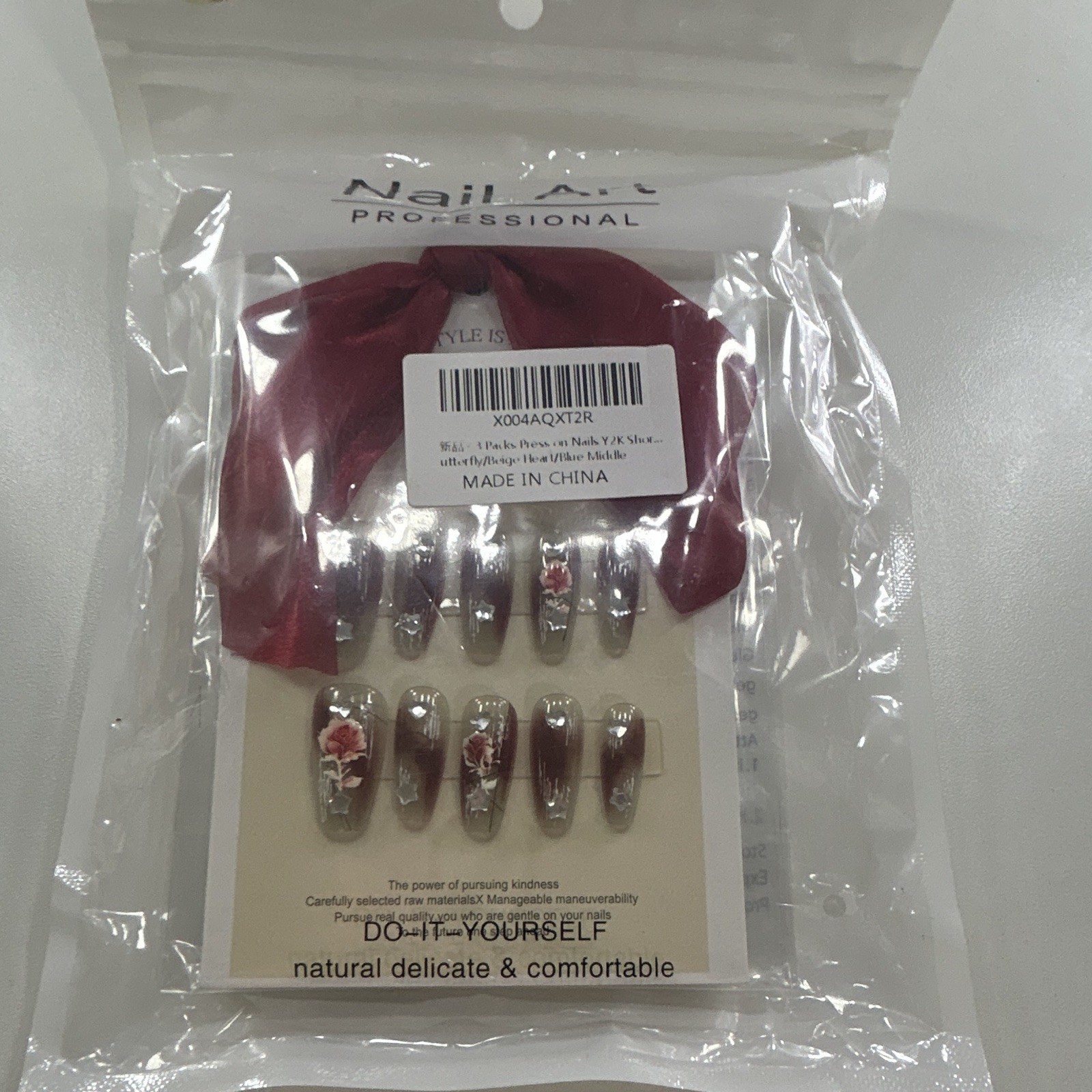 Nail Art Professional Burgundy Silver Square 3D Floral Artificial Nails with Box