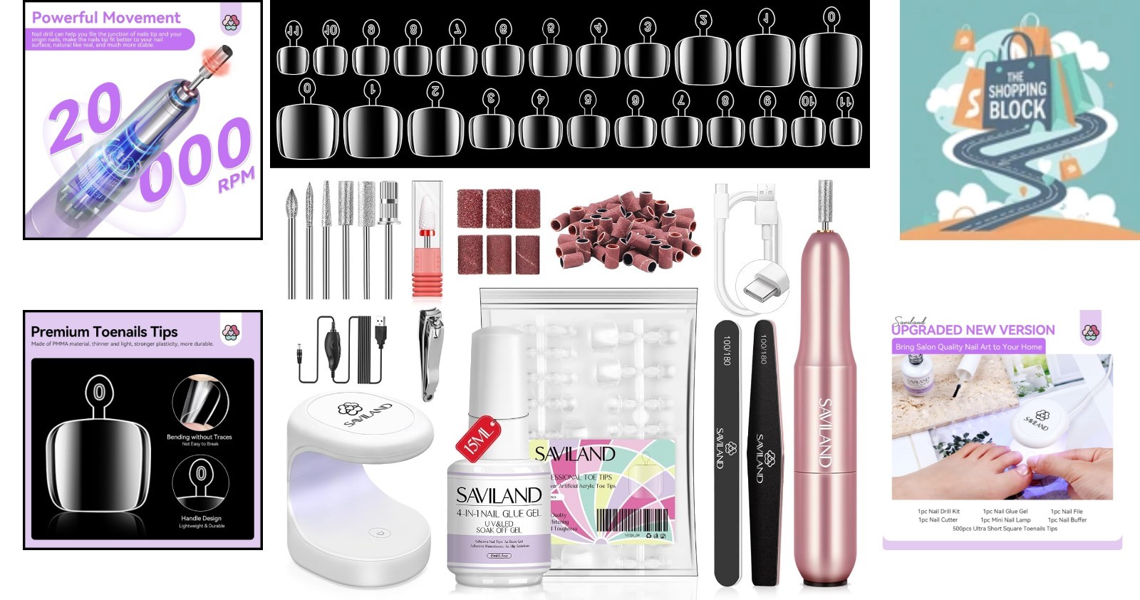 Toe Nail Tips & Glue Gel Kit with Drill, Lamp, 500 Tips, Pink