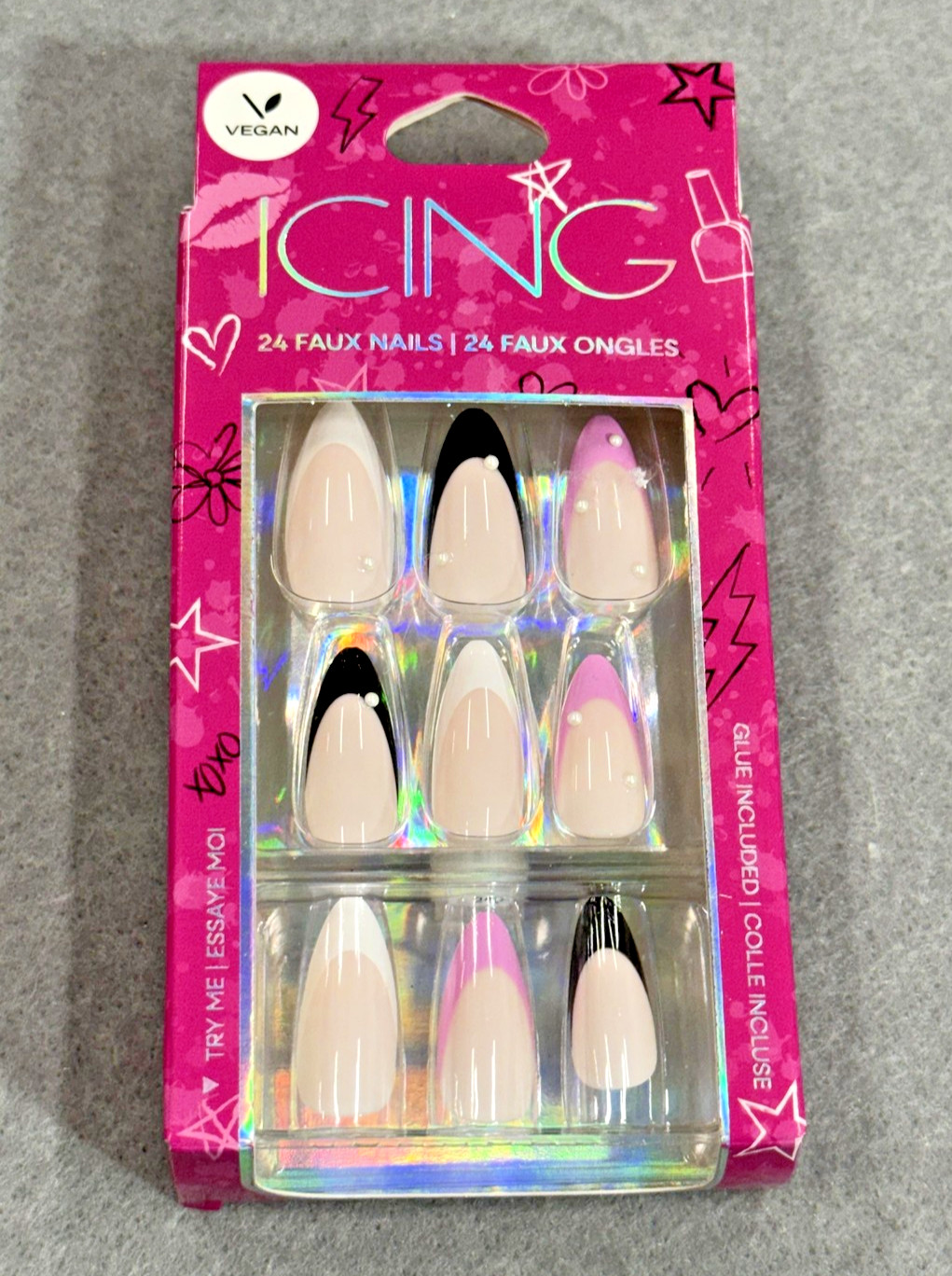 Icing Vegan Faux Nails 24 Pack Almond Stiletto Nude Black Tips Glue Included NEW