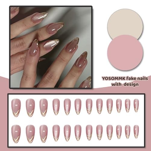 Pink Gold French Tip Press on Nails Almond Medium Acrylic Nails Press 04-Gold
