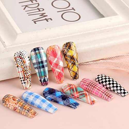 Holographic Nail Foil Transfer Stickers Decals, Striped Lattice Nail Plaid