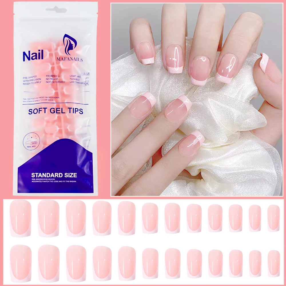 120Pcs Short Square Coffin French Fake Nails Glossy Pink Full Cover Press on