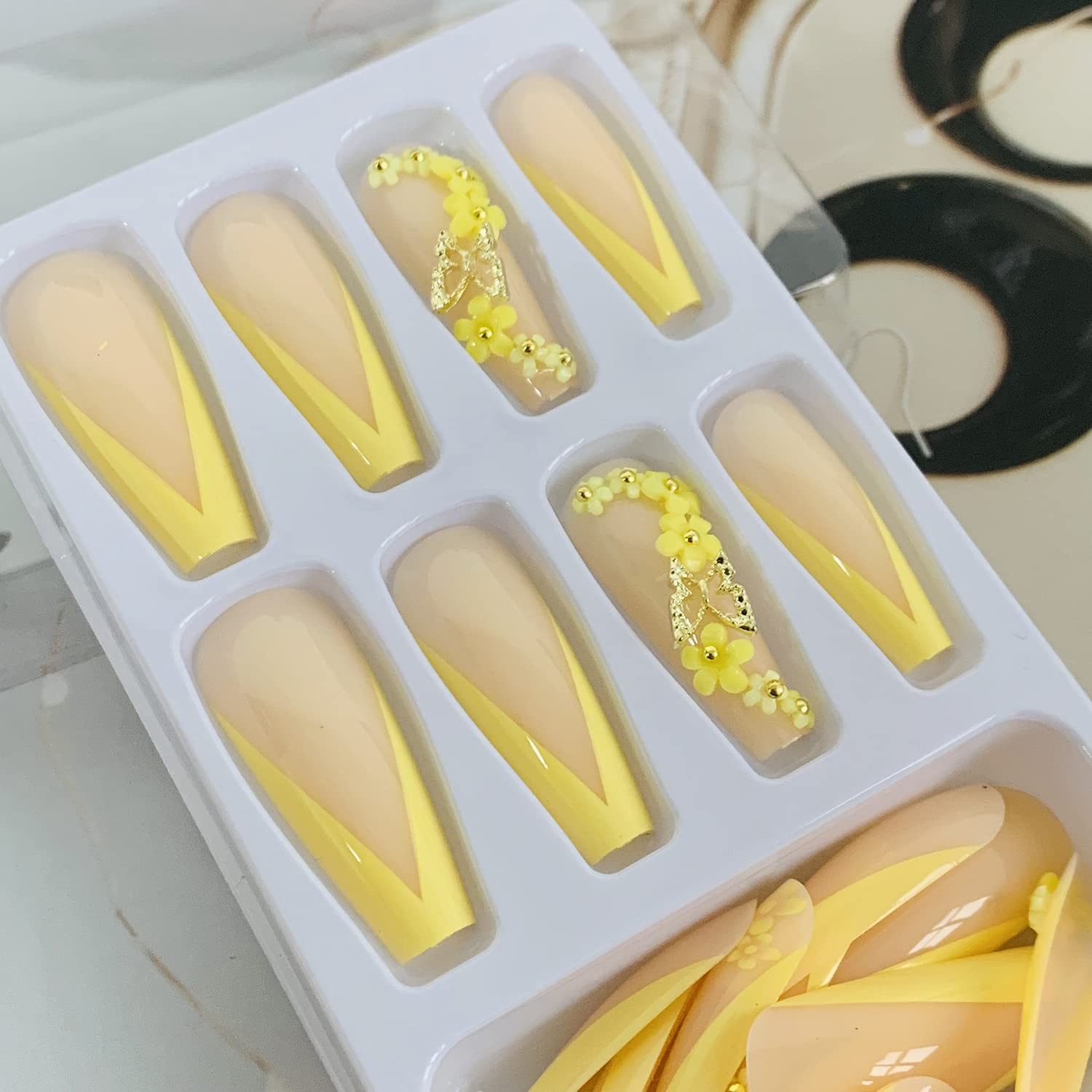 Press on Nails Long Ballerina French Tip, 24 PCS Full Cover Reusable Coffin F…