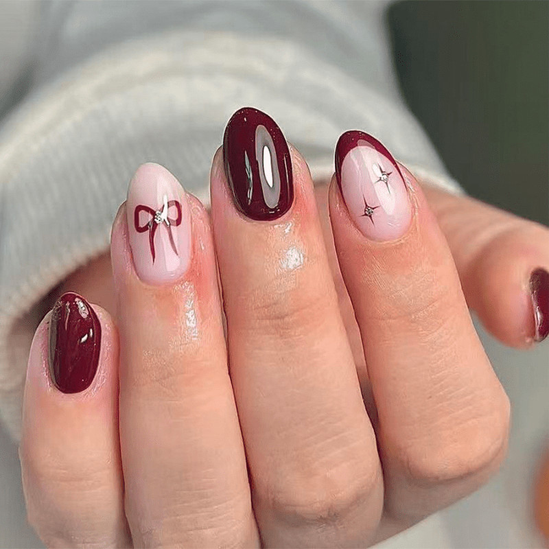 48Pcs-Long Almond Burgundy Nude Bow Star Rhinestone Fake Press on Nails Set