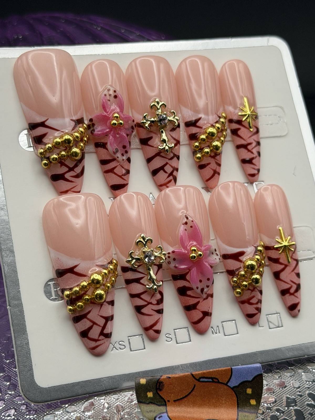10 PCs Handmade Long Almond Nails Nude Light Pink, 3D Gold Charms, Rhinestones L