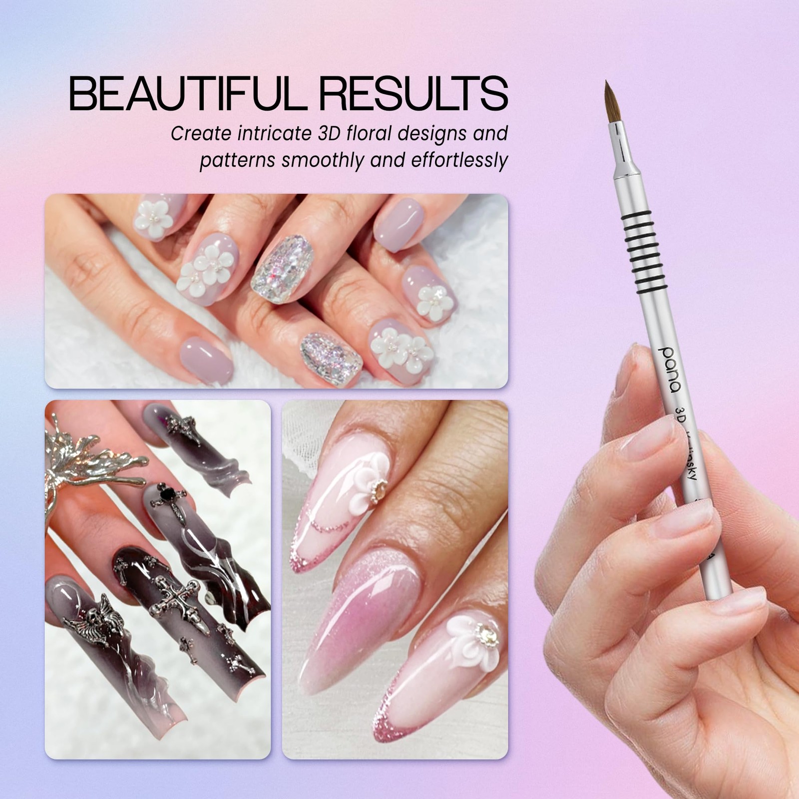 Size 5 Silver 3D Nail Art Brush with Kolinsky Bristles for Detailing