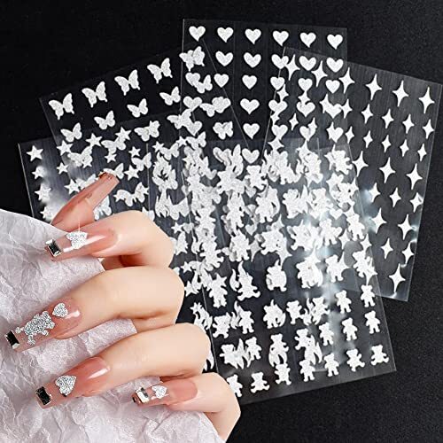 6 Sheets Silver Nail Art Stickers Decals Glitter Nail Supplies 3D Self Design 5