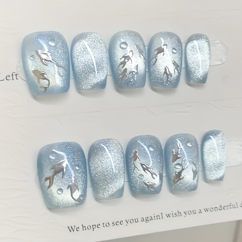 10Pcs Short Square Sapphire Cat Eye Silver Fish Scale Nails