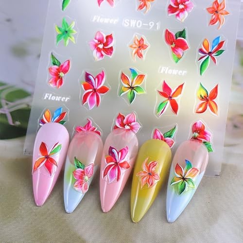 Flower Nail Art Stickers 5D Embossed Flowers Nail Decals 3PCS hawaii flower