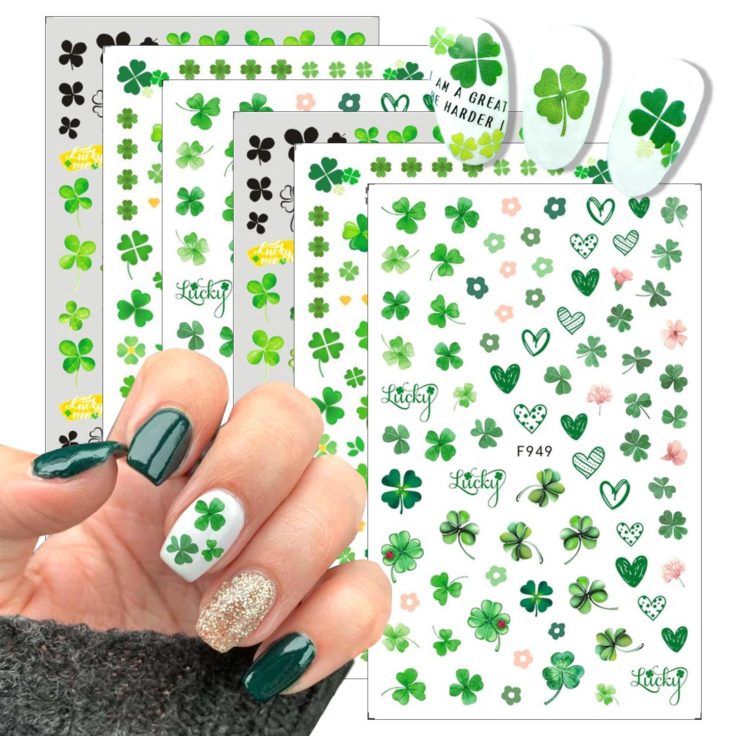 6 Sheets St. Patrick’s Day Nail Art Stickers Green Shamrock Nails