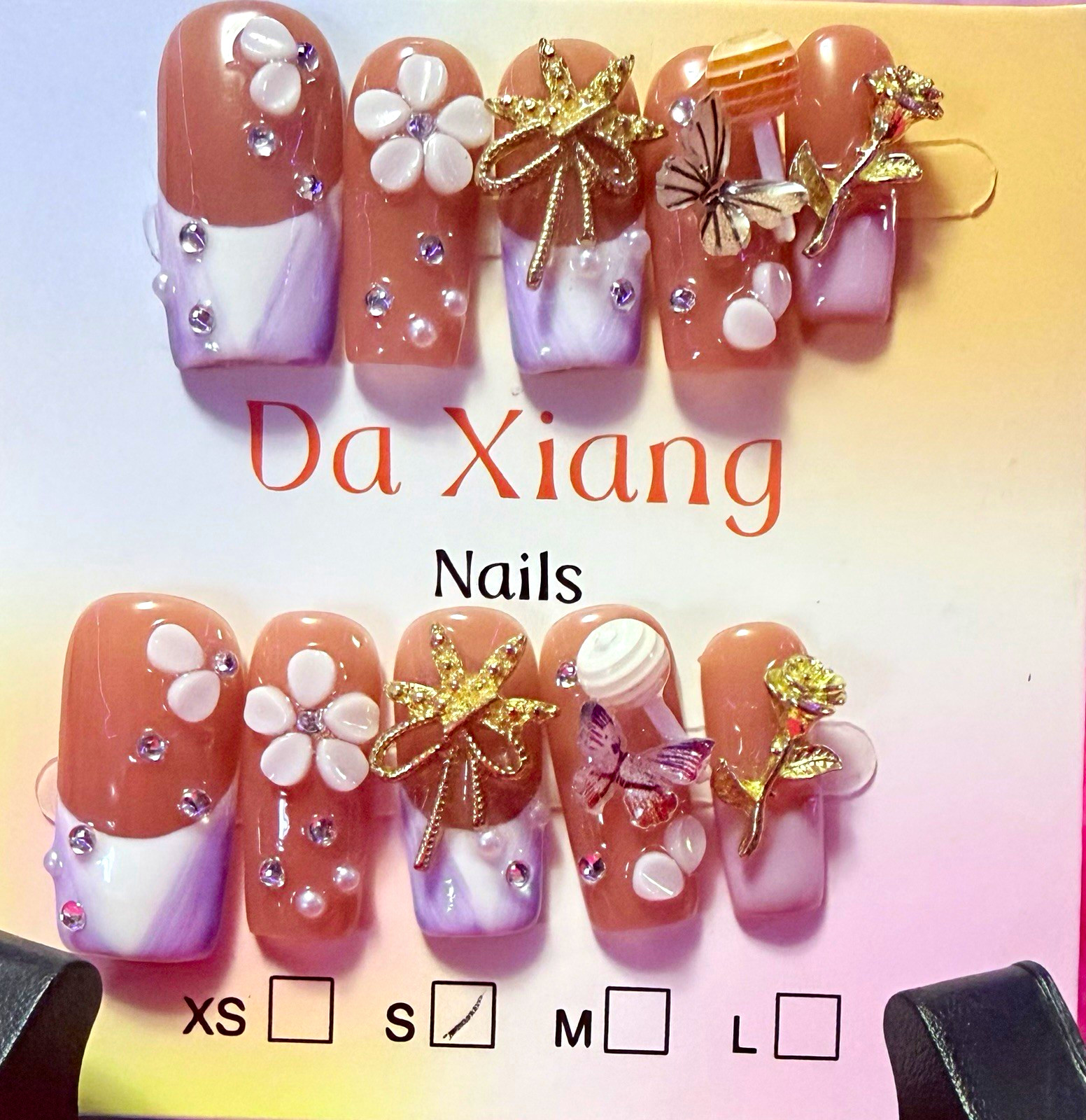Da Xiang Pink/White 3D Flower Square Press-On Nails, Short, Full Cover