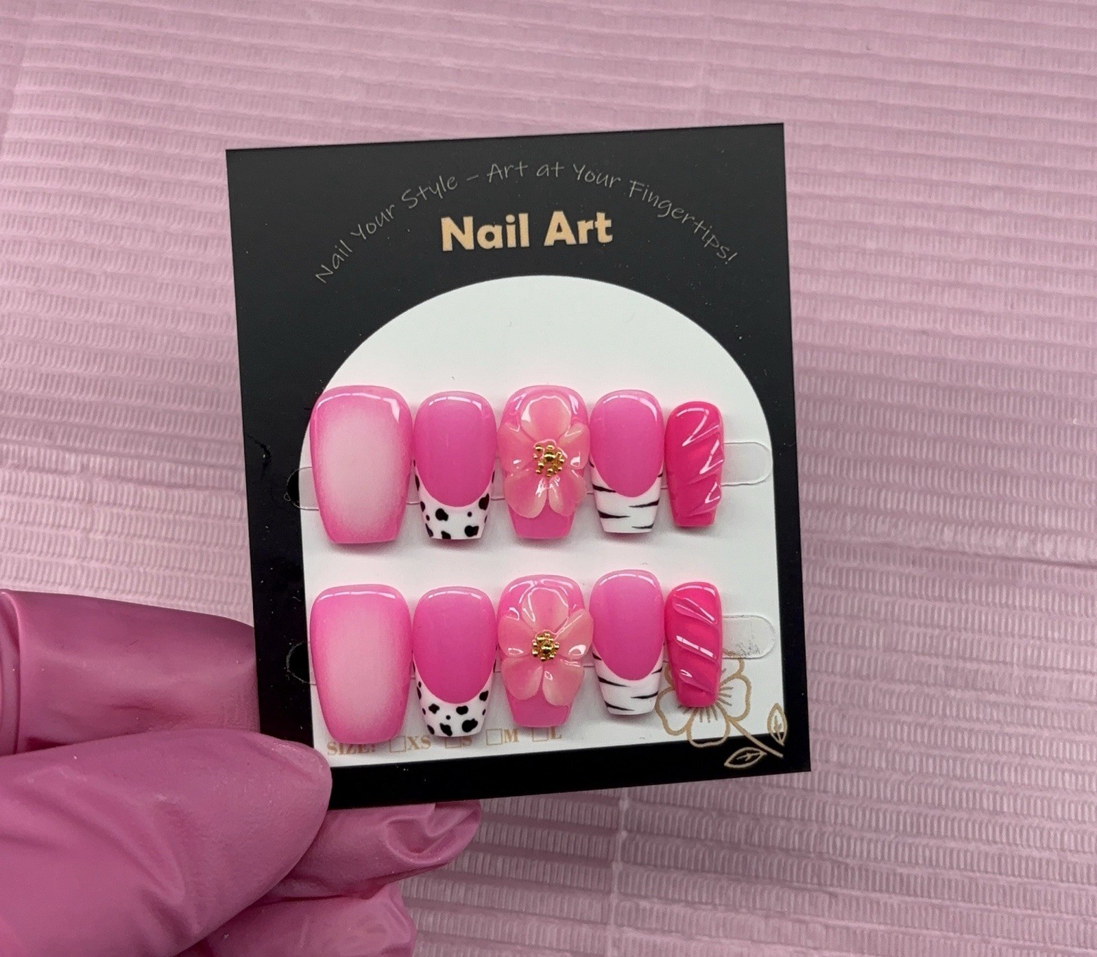 Short coffin Press on nails pink animal print aura white black 3D gel flowers